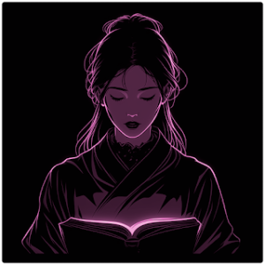 Neon pink illustration of a woman reading a glowing book in darkness, symbolizing quiet study and the discovery of words.