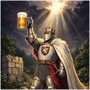 Medieval knight in full armor and crown raising a beer mug under a dramatic beam of light, standing beside moss-covered ruins, with a small red shield crest featuring a white griffin on his chest.